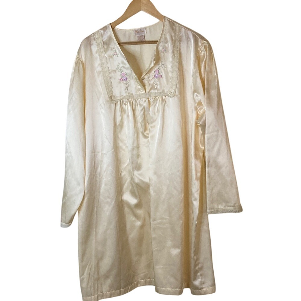 Vtg Barbison‎ Plus Size Nightgown Yellow Long Sleeve Floral Embroidery Lace S 3X